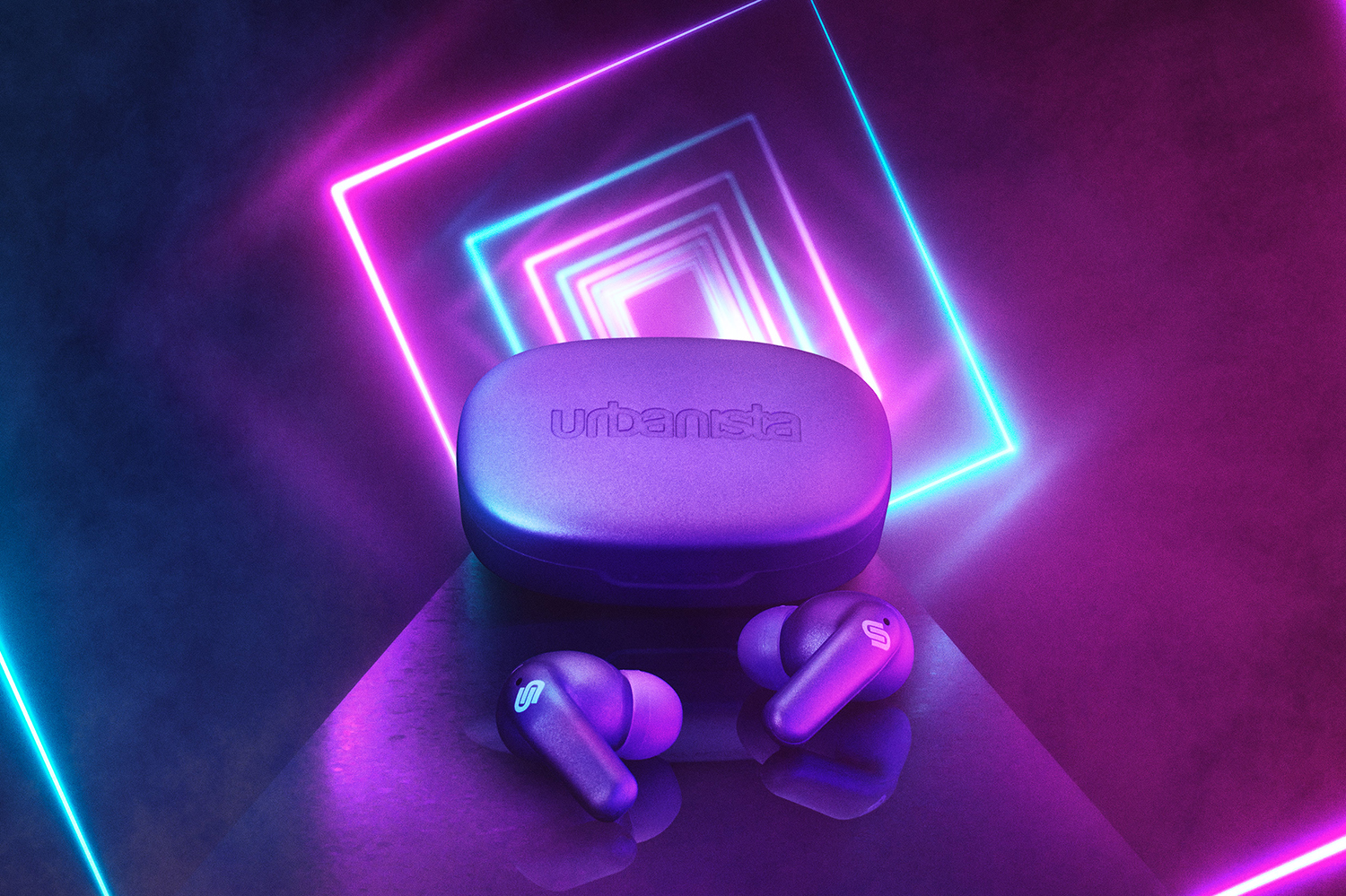 Urbanista Seoul true wireless headphones on purple background