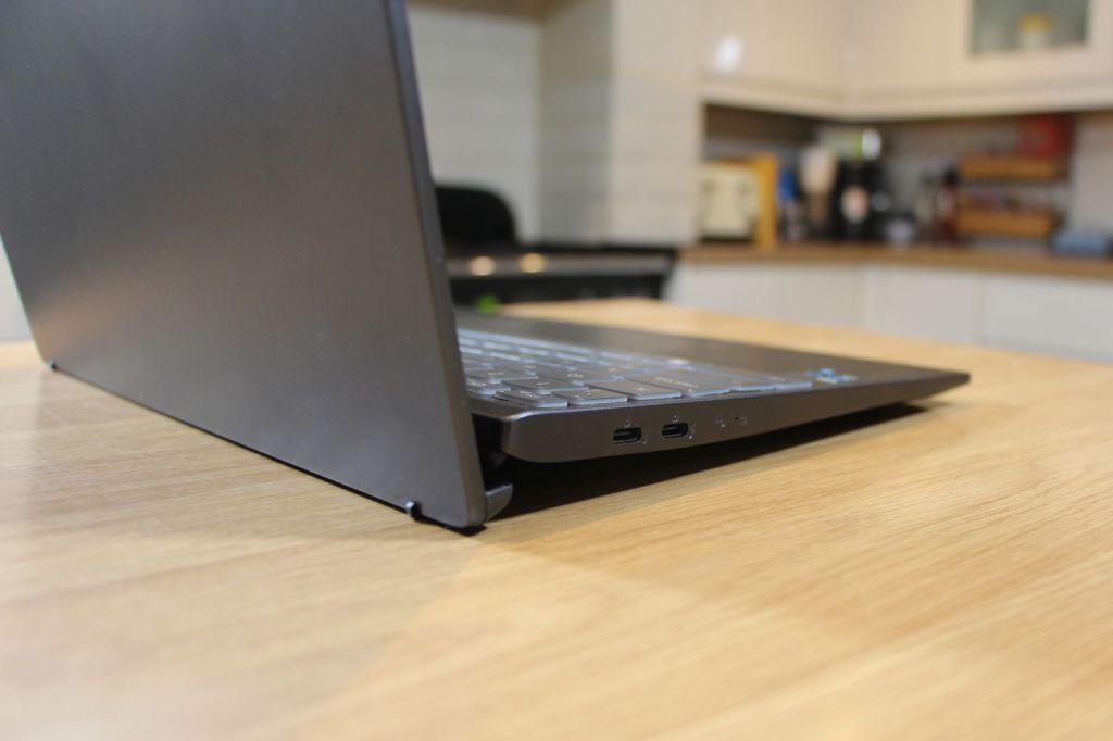 MSI Prestige 14 Evo laptop on a kitchen table
