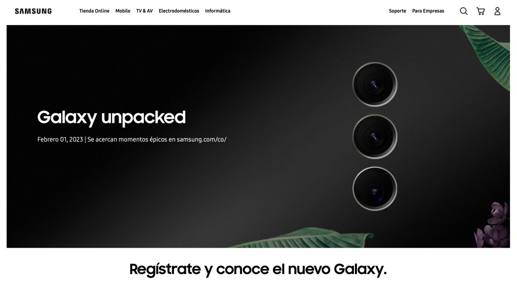 Screenshot of Samsung's Colombian website with Galaxy Unpacked graphic