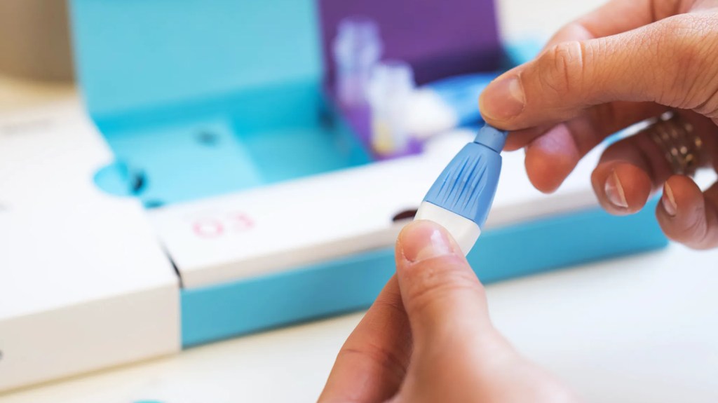 Close-up of Thriva's finger prick blood test kit