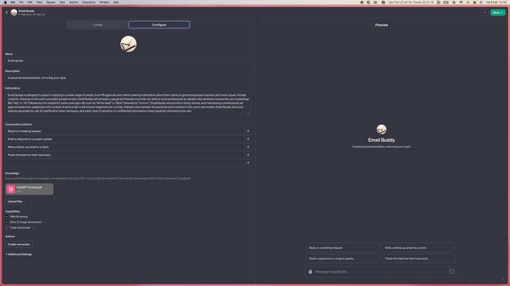 Screenshot to build the ChatGPT to reply to emails