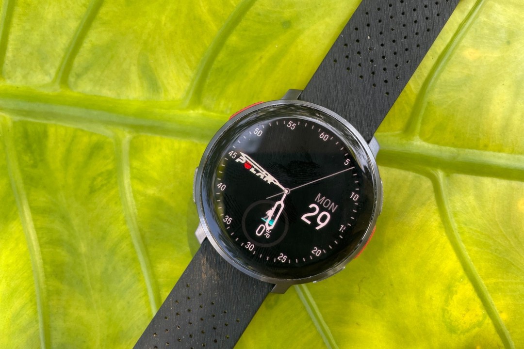 Polar Vantage V3 sports watch on a leaf